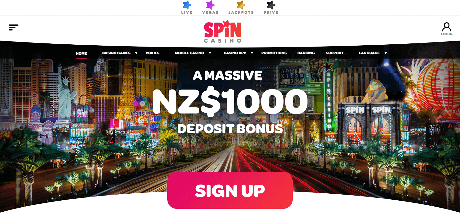 Spin Casino homepage