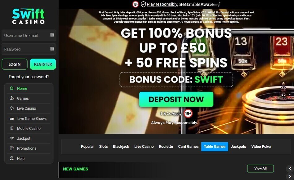 Swift Casino homepage